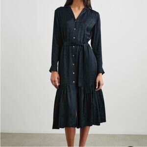NWT Rail Womens Shirt Dress Beatrice Leopard Tiered Button Up Onyx Black/Blue Lg